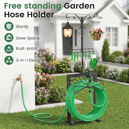 71 Inch Garden Hose Holder,Heavy Duty Free Standing Hose Rack with 6 Shepherd Hooks & 6 Hangers,Holds Up to 160ft Hose,Outdoor Hose Storage for Garden, Yard & Patio