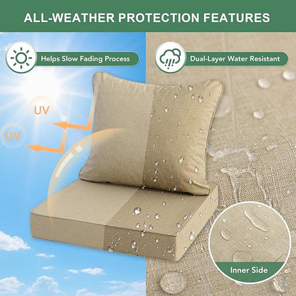 Summsun Outdoor Chair Cushions Set of 4, Faux Linen Patio Furniture Cushions, Water Resistant Backrest and Deep Seat Cushion Set with Straps, Removable Cover, Non-Slip Bottom, 22 x 22 Inch, Nature