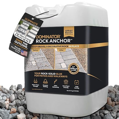 DOMINATOR Rock Anchor 5 Gal - Rock Glue for Landscaping Gravel & Stone, Ready to Spray, Locks in River Rock, Pea Gravel & Decorative Rock, Prevents Scattering & Washouts, Water-Based