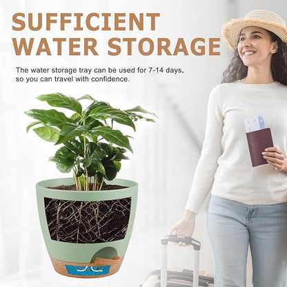 QRRICA Plant Pots 8/7/6.5/6/5.5/5 Inch Self Watering Pots, Set of 6 Plastic Planters with Drainage Holes and Saucers,Plastic Flower Pots,Nursery Planting Pot for Indoor Out Door Plants（Green）
