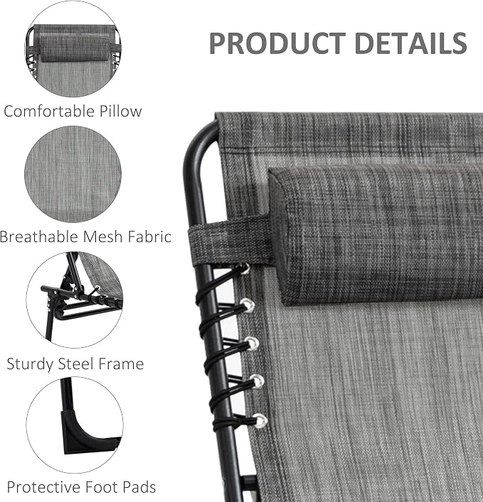 Outdoor Lounge Chair, Tanning Chair with Sunshade Roof, Adjustable Backrest Folding Chaise Lounge with Pillow Headrest for Outside, Beach, Camping, Hiking (No Sunshade Roof, Light Gray)