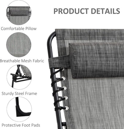 Outdoor Lounge Chair, Tanning Chair with Sunshade Roof, Adjustable Backrest Folding Chaise Lounge with Pillow Headrest for Outside, Beach, Camping, Hiking (No Sunshade Roof, Light Gray)