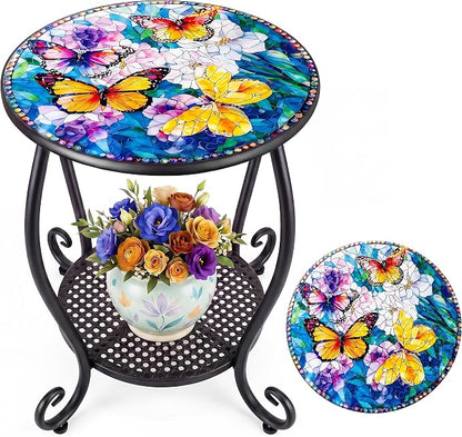 Outdoor Side Table, Small Patio Table Round Metal Outside Coffee End Table for Balcony Bistro Porch Yard Garden Patio Living Room（Butterfly