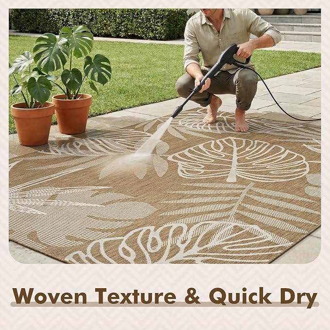 MontVoo-Outdoor Rug-Patio Rug 8x10 ft Polypropylene Indoor Outdoor Rugs Outdoor Carpet for Patio Deck Balcony Porch, Textured Weave, Durable for High Traffic, Fade-Resistant, Tropical Neutral Brown