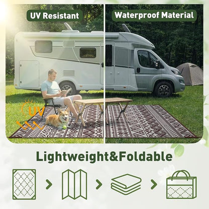 MontVoo-Outdoor Rug Carpet Waterproof 6x9 ft Reversible Patio Rug RV Camping Rug-Plastic Straw Rug Outside Indoor Outdoor Area Rug for Patio Deck Balcony Picnic Beach Outdoor Decor Boho Beige Brown