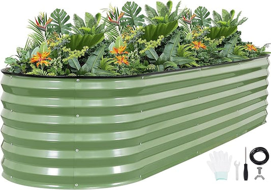 G GOOD GAIN Raised Garden Beds - 8x2x1.4ft Galvanized Planter Boxes Kit with Protective Tape & Gloves & Tools | Oval Metal Outdoor Raised Bed for Gardening Vegetables, Fruits, Flowers, Herbs, Oliver