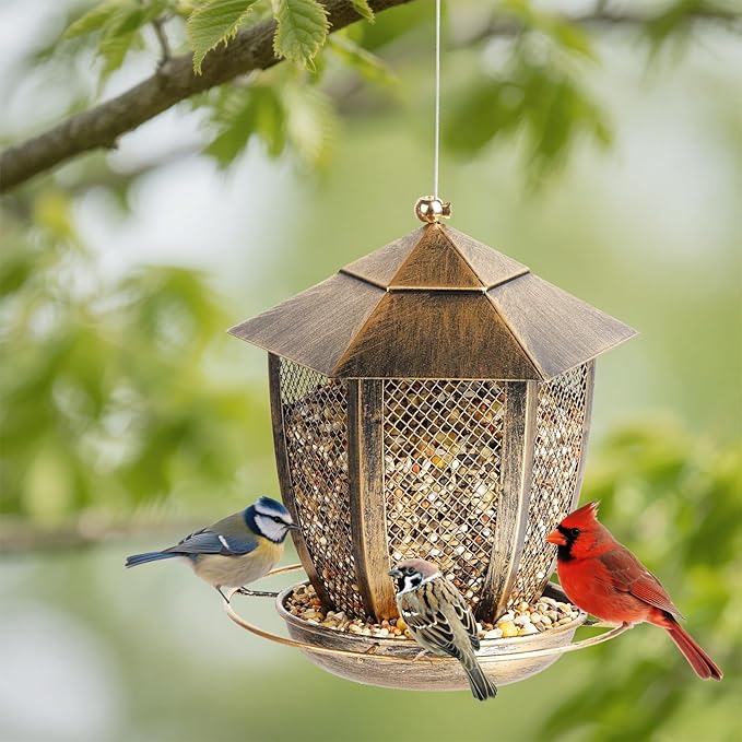 LBTING Bird Feeder for Outside, Hexagon Lantern-Shaped Metal Bird Feeder, Wild Bird Feeders for Hanging Outdoor Garden Yard