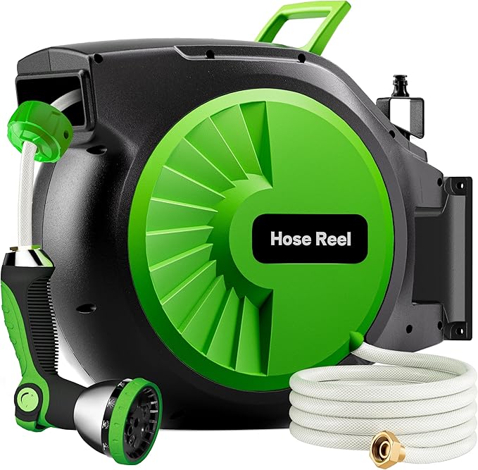 Retractable Garden Hose Reel 100FT x 1/2 in, Wall Mount Water Hose Reel for Outside with Auto Rewind, Tangle-Free Guide, 180° Swivel Bracket, Lock at Any Length, High-Pressure Flow, 10-Pattern Nozzle