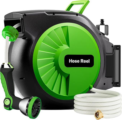 Retractable Garden Hose Reel 100FT x 1/2 in, Wall Mount Water Hose Reel for Outside with Auto Rewind, Tangle-Free Guide, 180° Swivel Bracket, Lock at Any Length, High-Pressure Flow, 10-Pattern Nozzle
