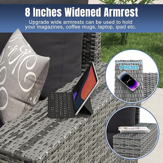 Aoxun 13 Pieces Patio Furniture Set with 44” Fire Pit Table Wicker Rattan Outdoor Sectional Conversation Set with Coffee Table and 4” Thickened Cushions, Gray/Black(Waterproof Cover Included)