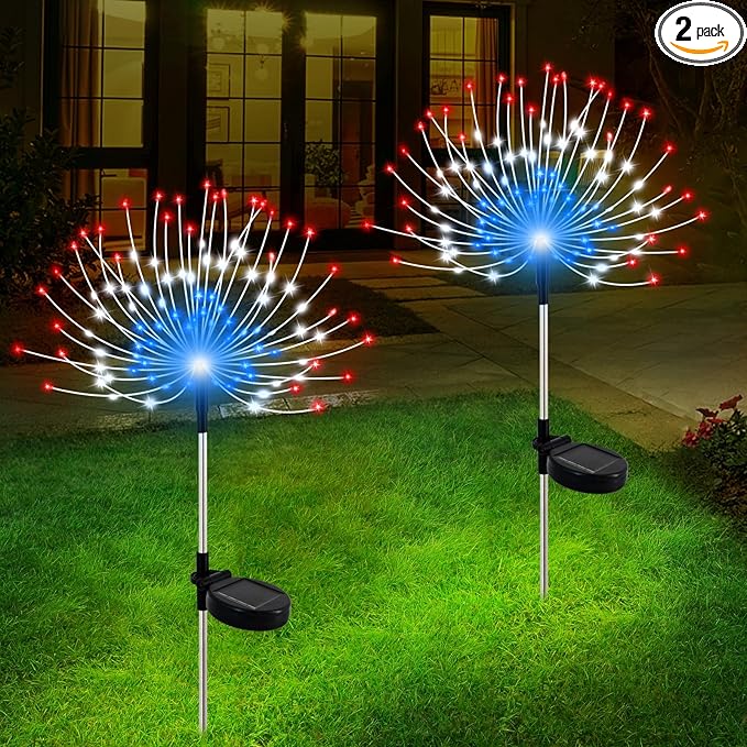 Slyuexu Solar Garden Lights Outdoor Waterproof, 2 Pack 120 LED Solar Firework Lights Decorative Garden Décor Outside for Flowerbed Pathway Party Christmas Decoration, 4th of July Decor, Multicolor