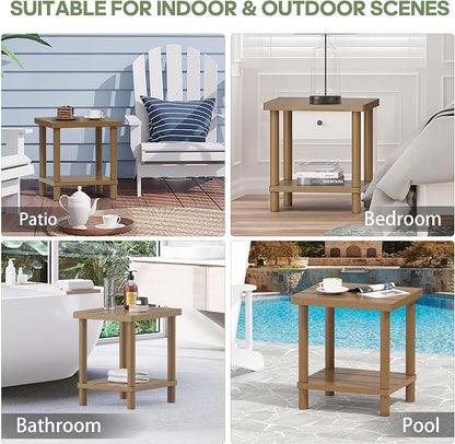LEJANEOYE Outdoor Side Table, 2-Tier Small Outdoor Table for Patio, Adirondack Side Tables for Outside or Indoor, Bamboo End Table for Pool, Porch, Weather Resistant Easy Maintenance,Brown