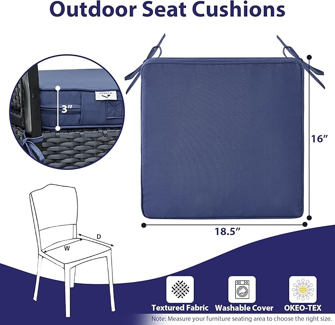 Outdoor Chair Cushions Set of 4 -Waterproof Outdoor Seat Cushions for Patio Furniture, Patio Chair Cushion with Handle and Ties, Square Out Door Chair Pads,18.5" x 16" x 3", Navy Blue