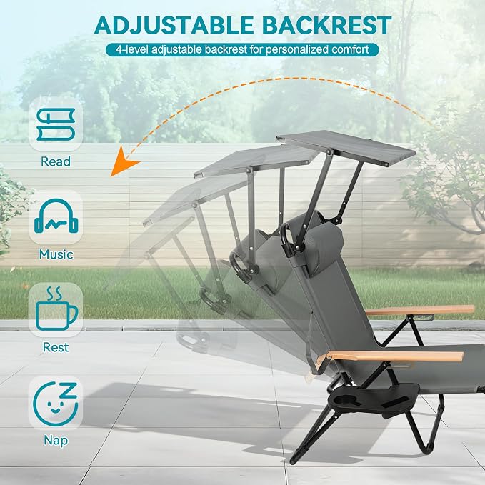 Beach Lounge Chair with Sun Shade, Folding Outdoor Chaise Lounge Chair with Arms, 4-Position Backrest, Extended Sun Tanning Chair Pillow & Cup Holder, Patio Lounger for Outside for Beach Pool(Gray-U)