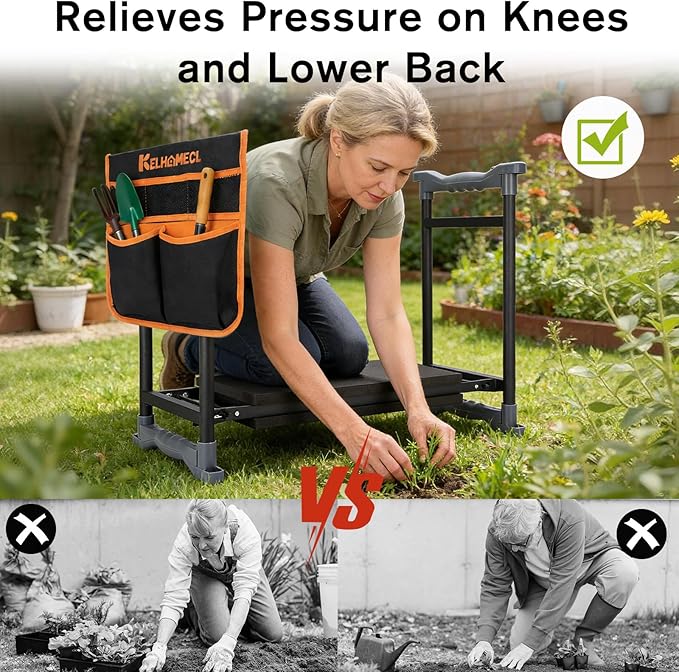 Garden Kneeler and Seat with Umbrella, 2-in-1 Foldable Gardening Stool with Adjustable Bracket, Detachable Tool Bags, Heavy Duty Kneeling Pad for Gardening (Black Orange)