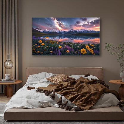 JLXART Wall Sunflower Artwork Art Yellow Floral Field Canvas Mountain Landscape Print for Living Room Framed 30x58inch