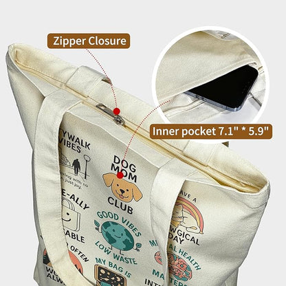 itgowisa Canvas Tote Bag for Women, Tote Bag with Zipper Inner Pocket, Zippered Canvas Bag for Shopping Work Grocery Everyday