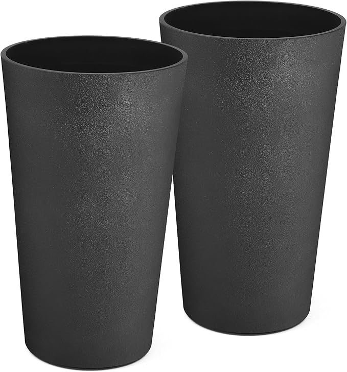 24" Resin Planters Set of 2 Outdoor Large Plant Pot Tall Flower Pots for Indoor Plants Garden Pot w/Drainage Hole Obsidian Leather Planter for Porch, Patio, Deck Living Room Home Decor