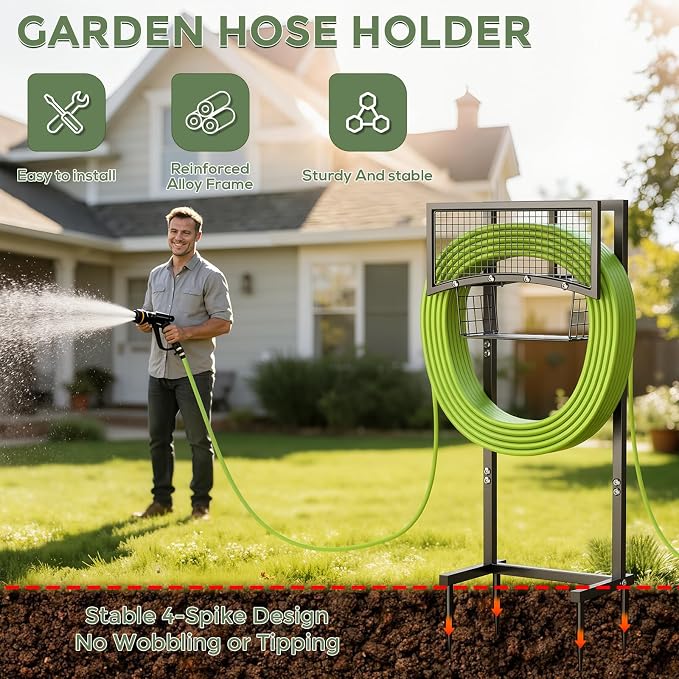Garden Hose Holder Freestanding with Storage Basket, Holds Up to 165FT Hose, Heavy Duty Metal Water Hose Holder with 4 Anchor Spikes, for Yard, Lawn & Patio