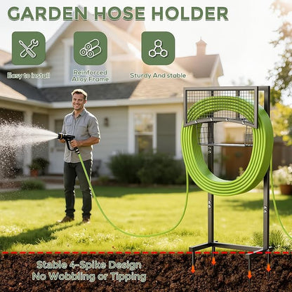 Garden Hose Holder Freestanding with Storage Basket, Holds Up to 165FT Hose, Heavy Duty Metal Water Hose Holder with 4 Anchor Spikes, for Yard, Lawn & Patio