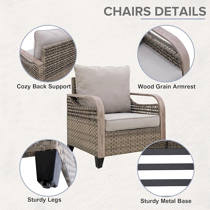 COOS BAY Modern Wicker Outdoor Furniture Set, Patio Conversation Set with Patio Chairs, 2 Seat Loveseat, Coffee Table and Side Table, 5 Piece, Brown/Gray