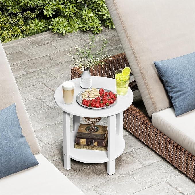 HDPE Round Outdoor Side Table, 18.1-Inch Weatherproof Small Outdoor Table for Adirondack, 2-Tier Patio End Table for Garden Backyard Porch Deck Balcony Poolside (White)