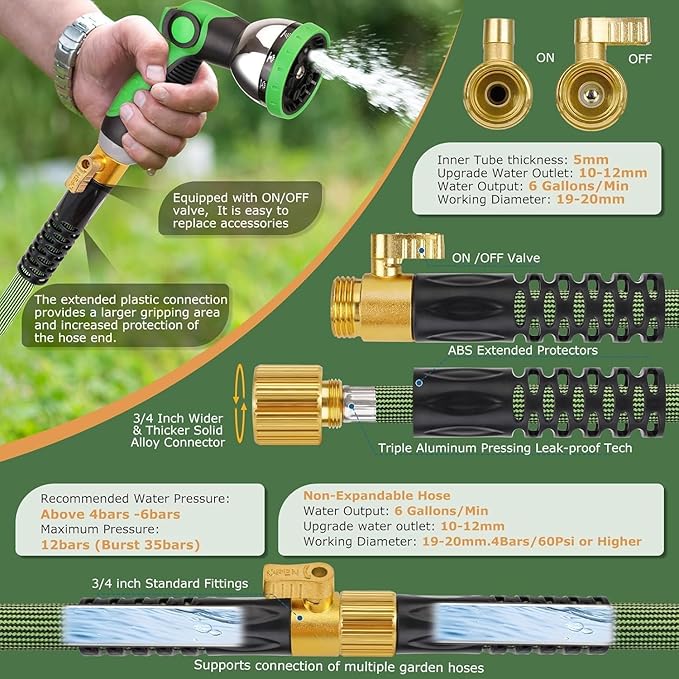 Non-Expandable Garden Hose 150 ft, Ultra Lightweight Flexible Water Hose with 10-Pattern Nozzle, Leak-Proof, High-Density Fabric, Thickened Connector, Shut-Off Valve for Yard, Lawn, Outdoor