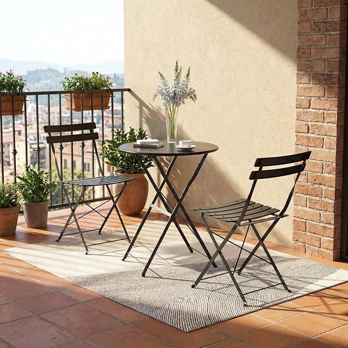 GarveeLife Outdoor Metal Bistro Set, 3-Piece Patio Furniture Set with 2 Chairs and 1 Table, Flat Steel Frame Patio Dining Set for Garden, Balcony, Porch & Backyard,Black