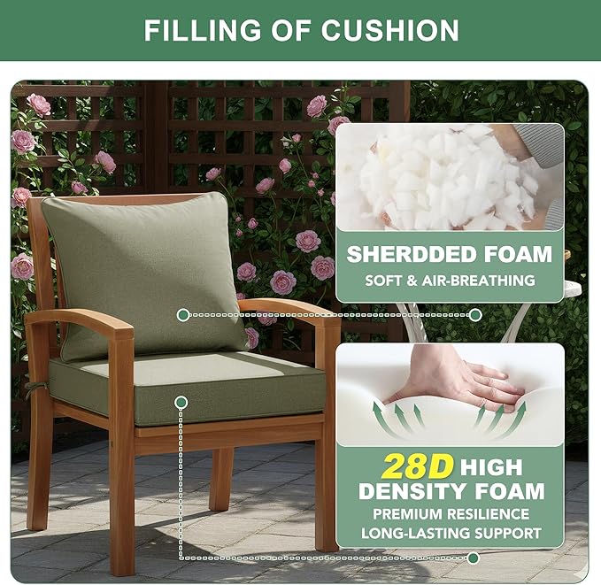 Summsun Water Resistant Outdoor Chair Cushions, Faux Linen Backrest and Seat Cushion Set with Ties, Removable Cover, Non-Slip Bottom for Patio Furniture, 19 x 19 Inch, Mocca Green, Set of 2