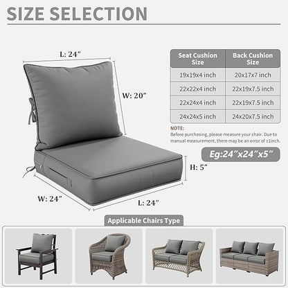 Premium Outdoor Seat Cushion Chair Cushions for Patio Furniture 24 L X 24 W X 5 H Waterproof & Fade Resistant Deep Seat and Backrest Cushion Set with Removable Covers for Chair, Sofa