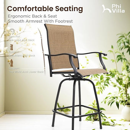 PHI VILLA Outdoor Patio Bar Set of 6, Patio Bar Table and Chair Set with Textilene Outdoor Swivel Bar Stools and Wood Like Bar Table, All-Weather Patio Bar Furniture Set for Garden, Brown