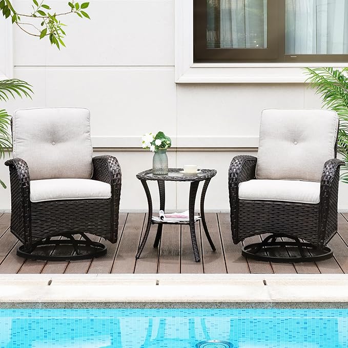 Outdoor Swivel Rocking Bistro Set, 3-Piece PE Patio Furniture Set with Cushions and Glass Table, All-Weather 360° Rotating Wicker Chairs and Table Set for Porch, Deck, Balcony, Backyard