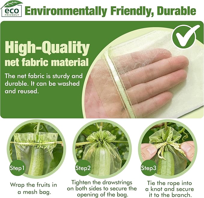 50 Pcs Drawstring Fruit Protection Bags, 8×12 Inch Green Mesh Fruit Net Covers, Anti-Bird Anti-Insect Garden Protective Bags for Fruit Tree, Tomato, Strawberry, Apple, Cherry, Grapes and Vegetables