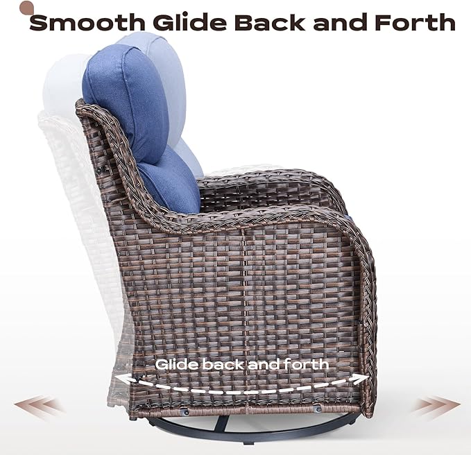 Rilyson 6 Piece Outdoor Patio Swivel Rocker Chairs, Waterproof Wicker, High Back, Deep Seating, Wide Armrest, Upgraded 6 inch Thick Cushions, Side Table, Ideal for Deck Porch Yard, Brown/Blue