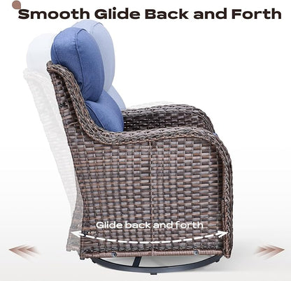 Rilyson 6 Piece Outdoor Patio Swivel Rocker Chairs, Waterproof Wicker, High Back, Deep Seating, Wide Armrest, Upgraded 6 inch Thick Cushions, Side Table, Ideal for Deck Porch Yard, Brown/Blue