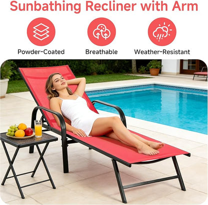 NEWBULIG Outdoor Lounge Chair for Pool, Chaise Lounge Chairs with 5 Position Recliner,350 lbs Heavy Duty Patio Pool Chairs, Outdoor Sun Chairs with Metal Frame for Backyard, Red
