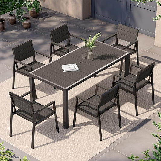 Outdoor Dining Set for 6, Patio Table and Chairs Set, Aluminum Patio Furniture Set with Umbrella Hole, HDPS Patio Dining Table Set for 6 (Charcoal)