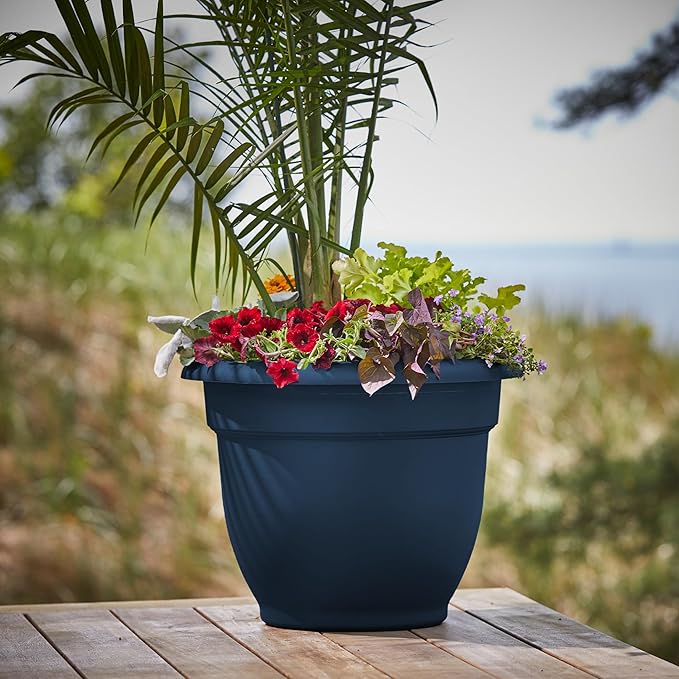 Bloem Ariana 16" Navy Round Self-Watering Resin Planter Pot - Rolled Rim Indoor and Outdoor Gardening Planter