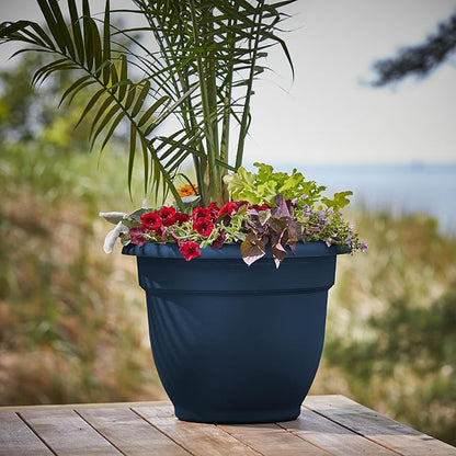 Bloem Ariana 16" Navy Round Self-Watering Resin Planter Pot - Rolled Rim Indoor and Outdoor Gardening Planter