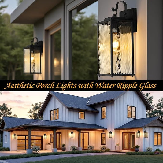 Outdoor Lights for House with Water Ripple Glass Modern 2-Pack, IP65 Waterproof Porch Lights Outdoor Wall Sconces Matte Black Patio Garage Coach Lighting Exterior Lanterns Wall Mounted, 15"