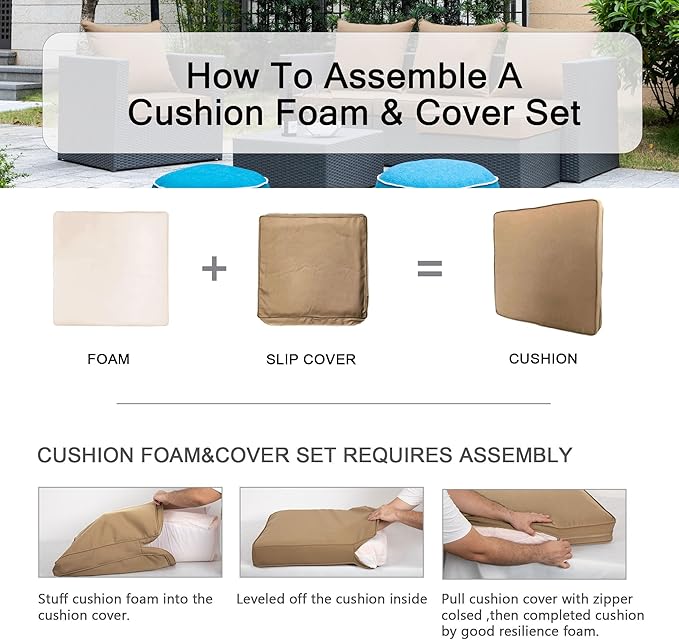 ARTPLAN Deep Seat Cushion with Backrest Set of 2 - All-Weather Outdoor Sofa Cushions for Sectionals-Polyester Fabric, Waterproof-High-Resilience Foam for Patio, Backyard Garden,Light Brown