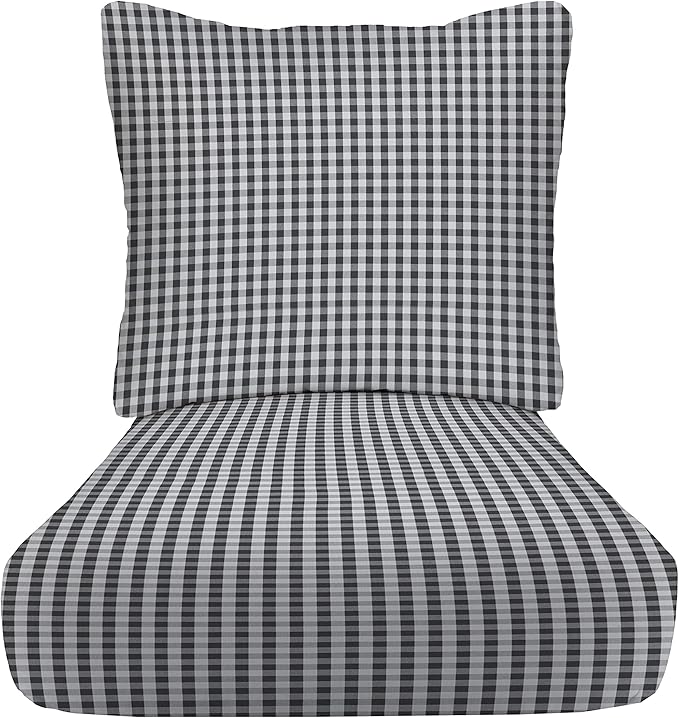 RSH DECOR Deep Seating Cushion with Pillow Back | 23.5” x 25” Seat | Water and Fade-Resistant Spun Fabric | Outdoor Chair Cushion Set for Patio Furniture | Dawson Pewter Black Plaid