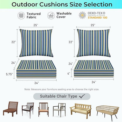 Outdoor Cushions for Patio Furniture,Outdoor Seat Cushion Set 24 x 24 x 4 Inch,Waterproof & Fade Resistant Outdoor Chair Cushions, Patio Chair Cushion, Blue Stripe