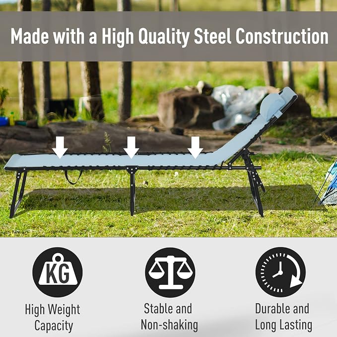 Outdoor Lounge Chair, Tanning Chair with Sunshade Roof, Adjustable Backrest Folding Chaise Lounge with Pillow Headrest for Outside, Beach, Camping, Hiking (No Sunshade Roof, Light Blue)