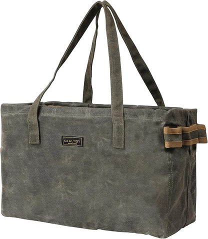 Canvas Tool Tote Bag | 16OZ Waxed Canvas Tool Carrying Bag - with 8 Pockets & Top Metal Support Rods, Rectangular Top Open Tool Tote Bag for Chisels Wrench Hammer Level | Army Green
