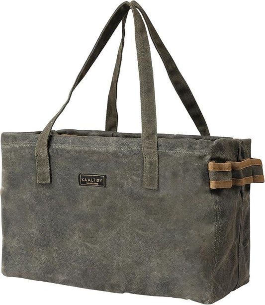 Canvas Tool Tote Bag | 16OZ Waxed Canvas Tool Carrying Bag - with 8 Pockets & Top Metal Support Rods, Rectangular Top Open Tool Tote Bag for Chisels Wrench Hammer Level | Army Green