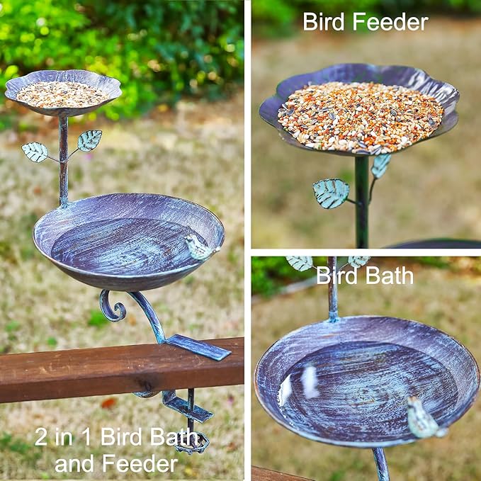 2 in 1 Bird Bath for Deck Railing and Balcony, Bird Feeders for Outdoors with Heavy Duty Clamp, Unique for Outside and Blue Birdfeeder Suitable for Garden Porch Backyard