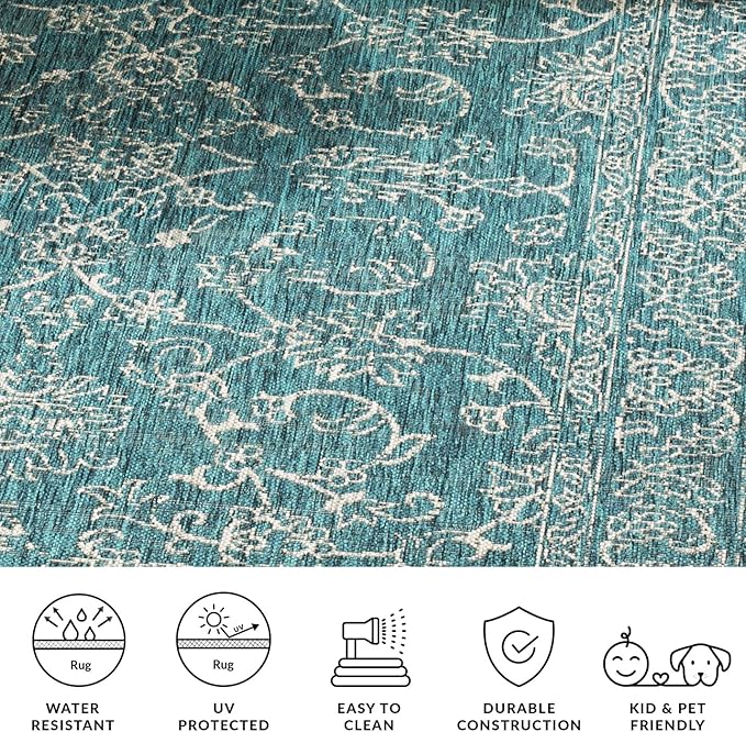 SAFAVIEH Washable Rug Outdoor Courtyard Collection - 5'3" x 7'7", Turquoise, Non-Shedding & Easy Cleaning, Ideal for Patio, Backyard, Mudroom (CY8680-37221)