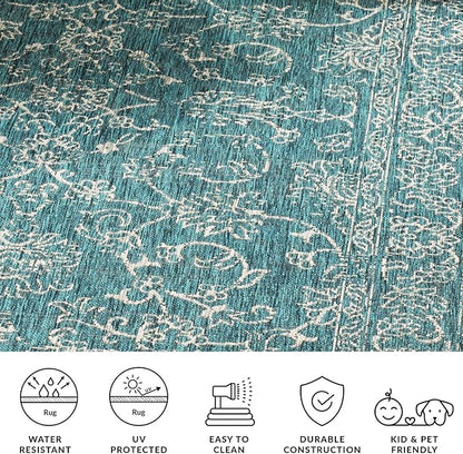 SAFAVIEH Washable Rug Outdoor Courtyard Collection - 5'3" x 7'7", Turquoise, Non-Shedding & Easy Cleaning, Ideal for Patio, Backyard, Mudroom (CY8680-37221)