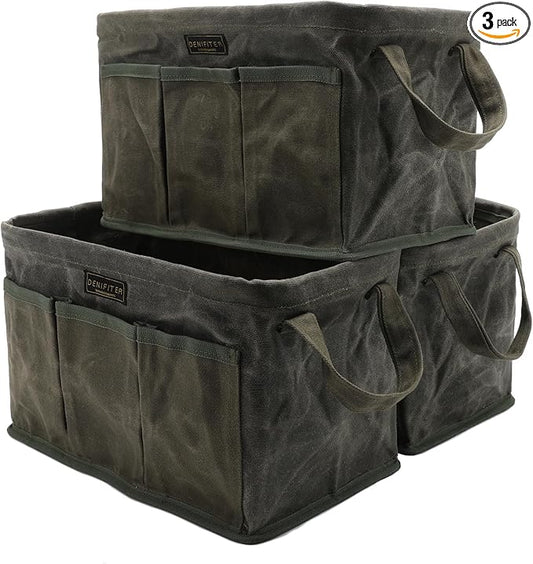 Tool Bag for Organizing, Waxed Canvas Wide Open Top Tool Tote Bag with 6 External Pockets, 13.8 x 7.8 x 7.8 Inches 3-Pack (ArmyGreen)
